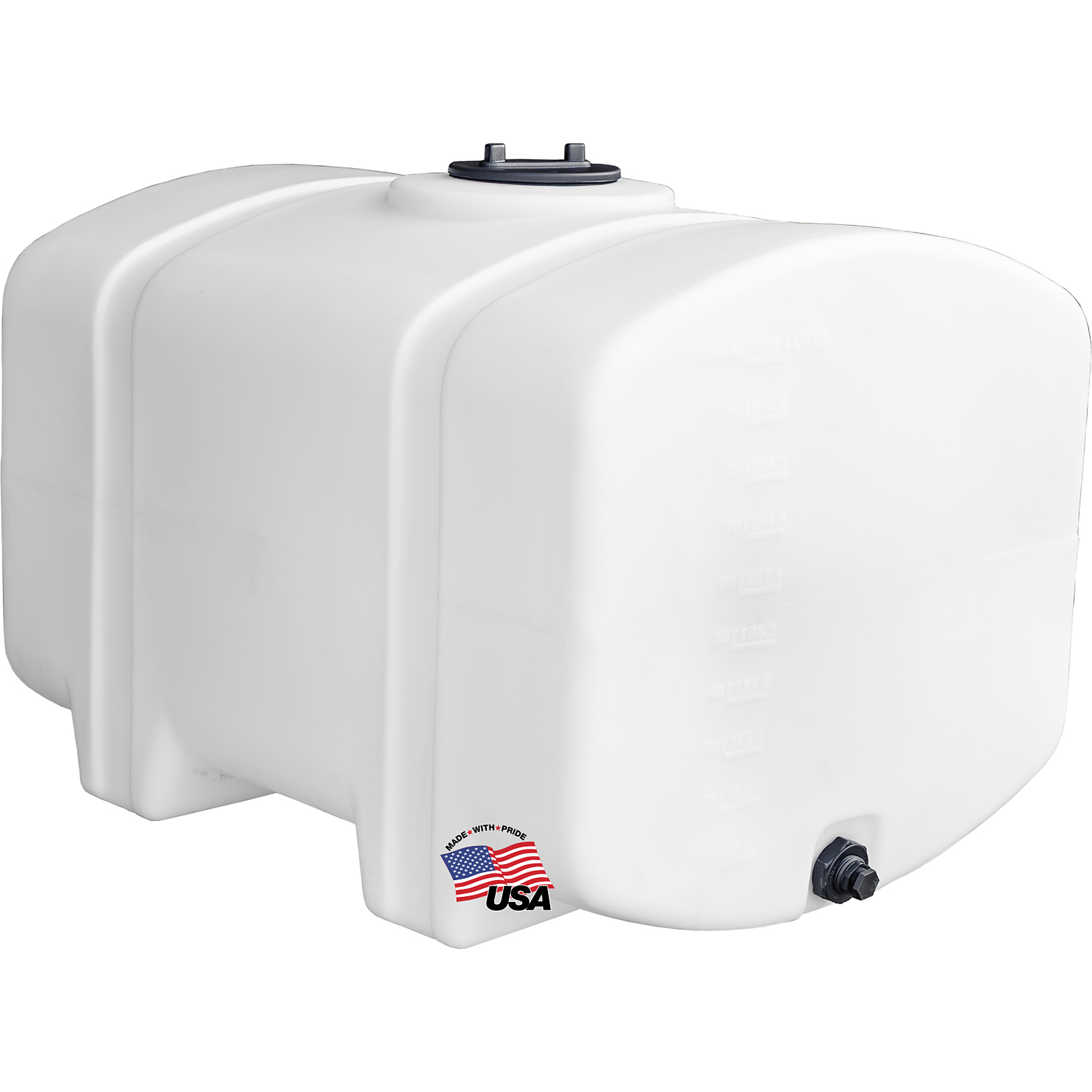 Romotech 100 Gallon Water Storage Tank - Horizontal Square, BPA Free Poly with Legs for Non-Flammable, Liquids, UV-Resistant Storage, 3/4" NPT Outlet, Made in USA, Natural, Model# 82129269
